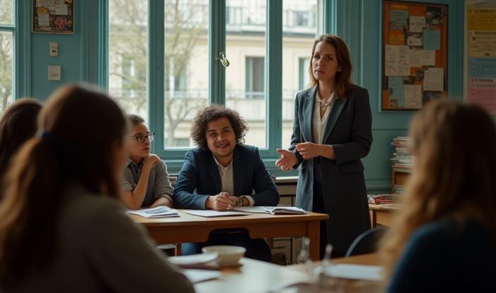 French tutor teaching a diverse group in Paris